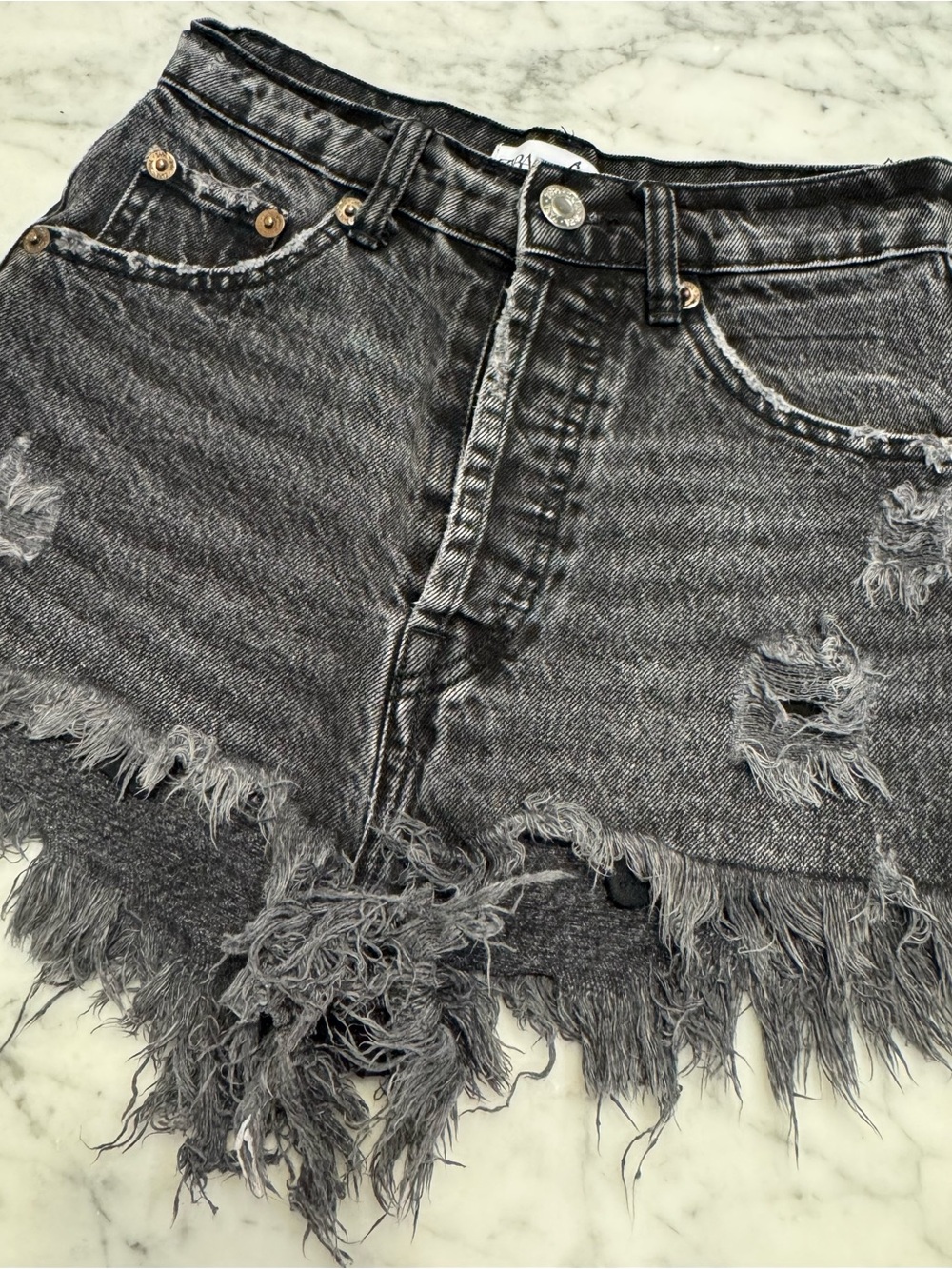Zara Washed Black Distressed Denim Shorts